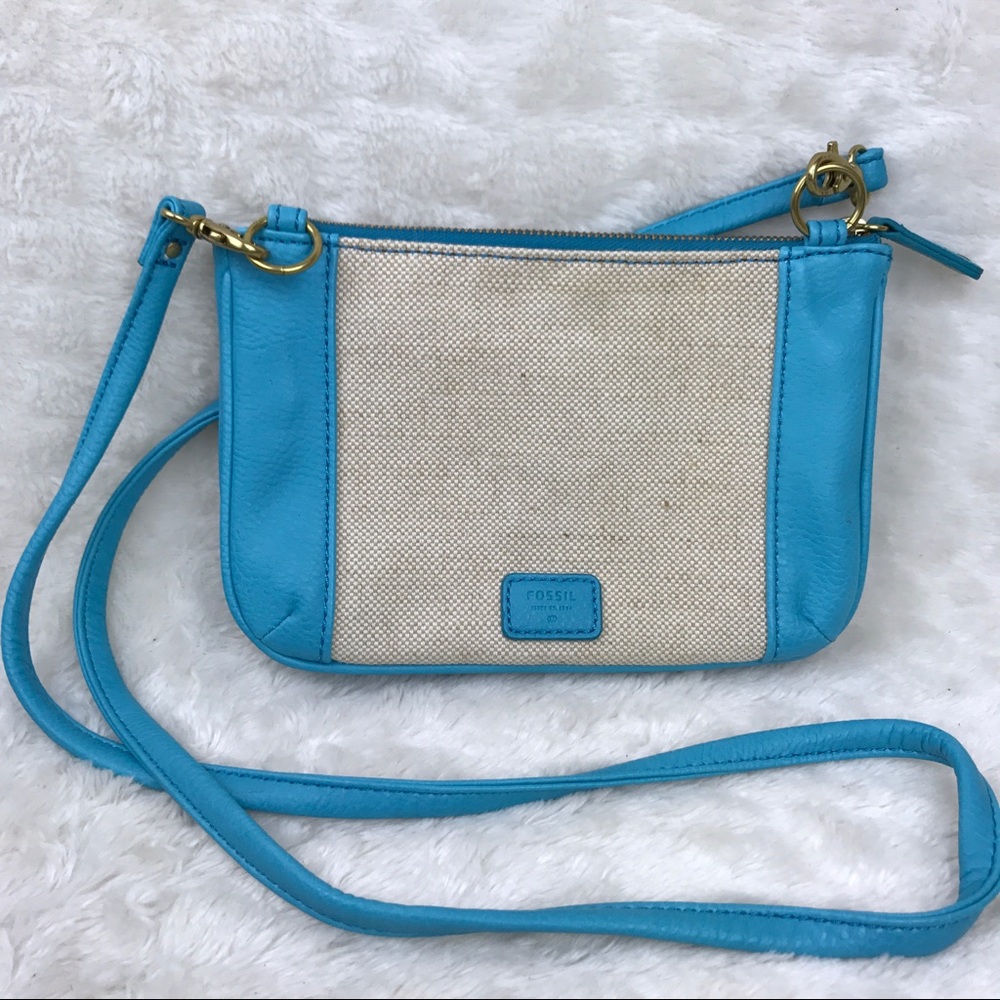Fossil Blue Tan Canvas Crossbody Purse Handbag